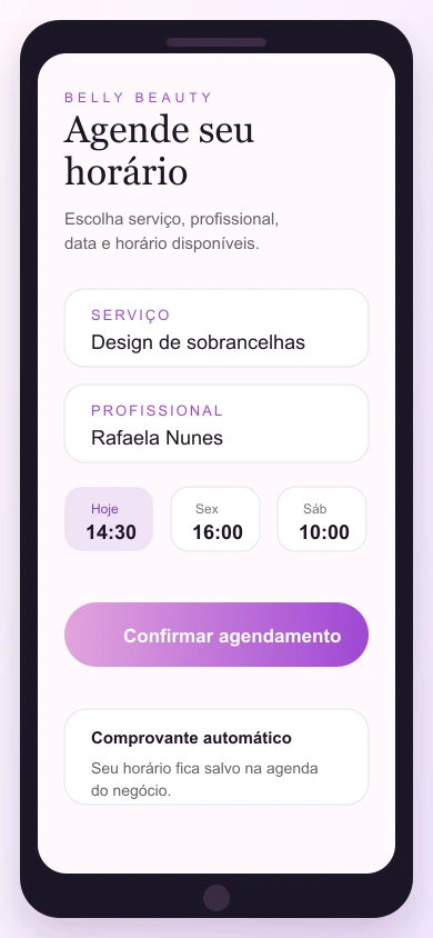 Agendamento online no celular pelo Belly Gestão